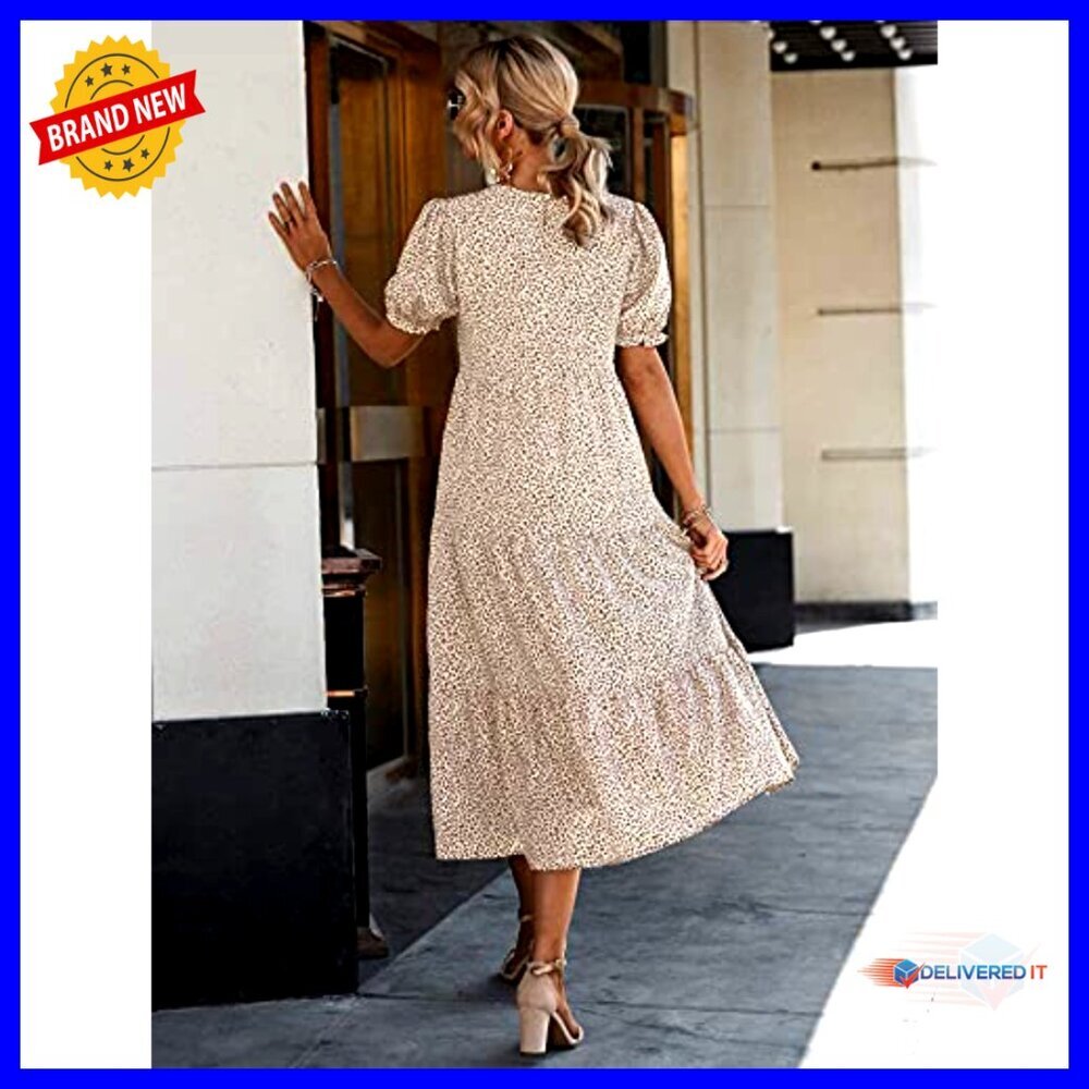 Floral Boho Midi Dress Puff Sleeve Flowy Vintage Elegant Summer Casual - Picture 3 of 7